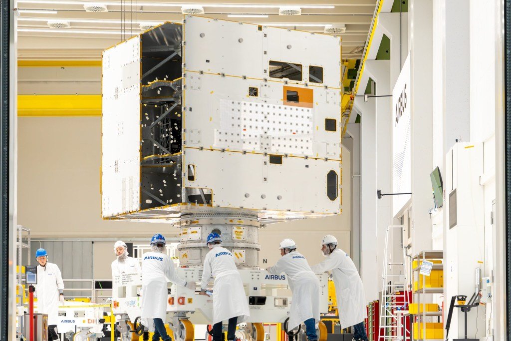 Production staff works on the Airbus Galileo G2 satellite in a manufacturing cleanroom. Credit: Airbus